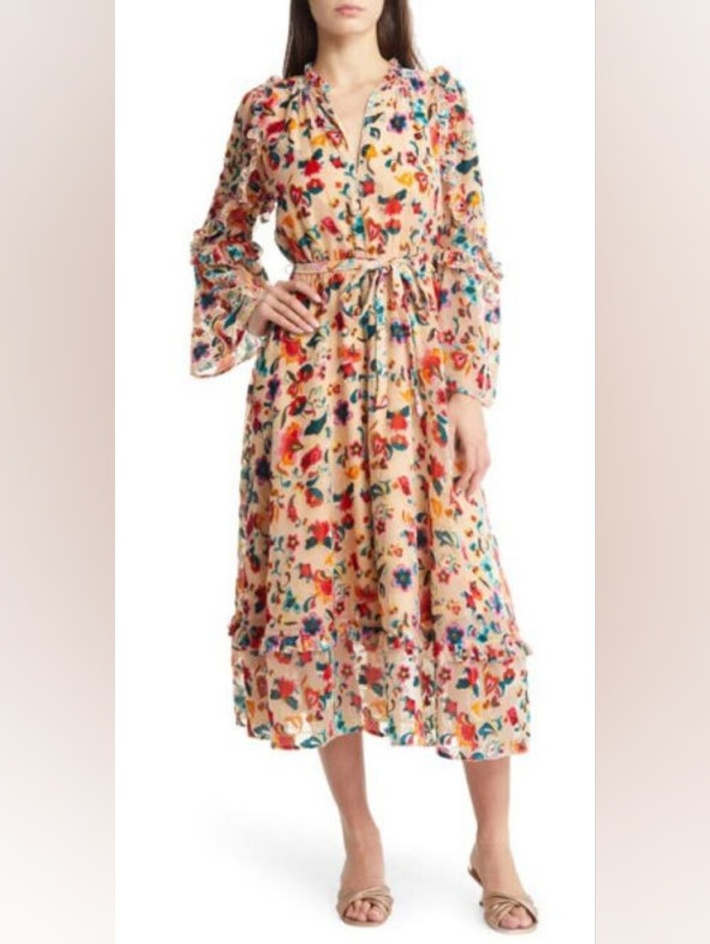 French Connection Avery Burnout Tie Waist Long Sleeve Maxi Dress